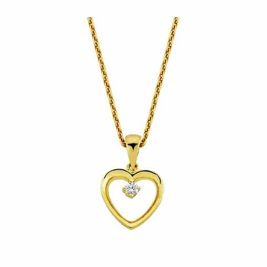 14 kt. Guld hjerte halskæde med en 0,02ct brillant m. kæde