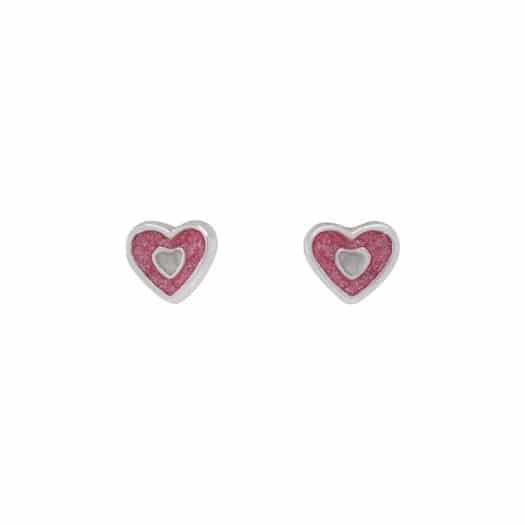 Sølv hjerte ørestikker med pink glimmer**