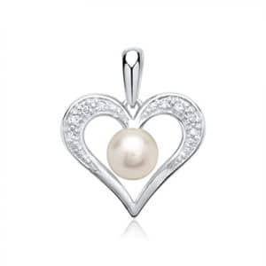 Vedhæng i 14 kt. Hvidguld med Hjerte, Perle og Diamanter - 0,04 ct.