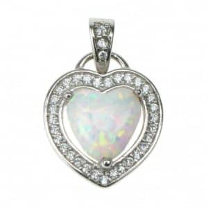Hjerte - Sølv smykke halskæde vedhæng med hvid sne opal sten, 925 Sterling sølv, zirkonia & rhodium belægning